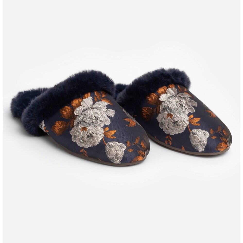 NEW Johnny Was Women Jacquard Slipper Navy Satin Floral Pattern Cozy Fur Trim